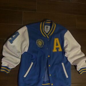 Blue and White Varsity Jacket with Yellow Accents
